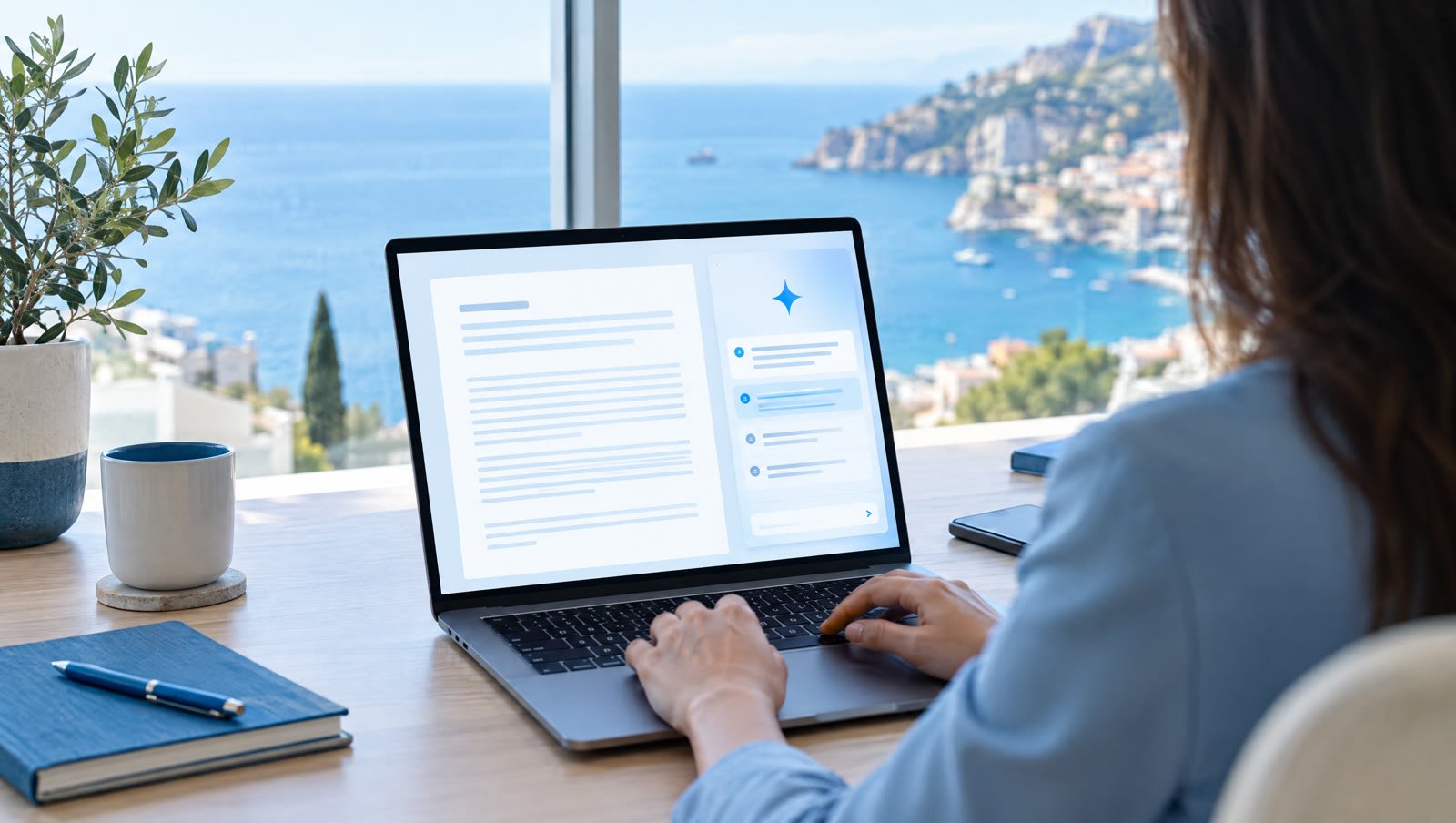 Someone working at a laptop with an AI assistant panel open beside a document