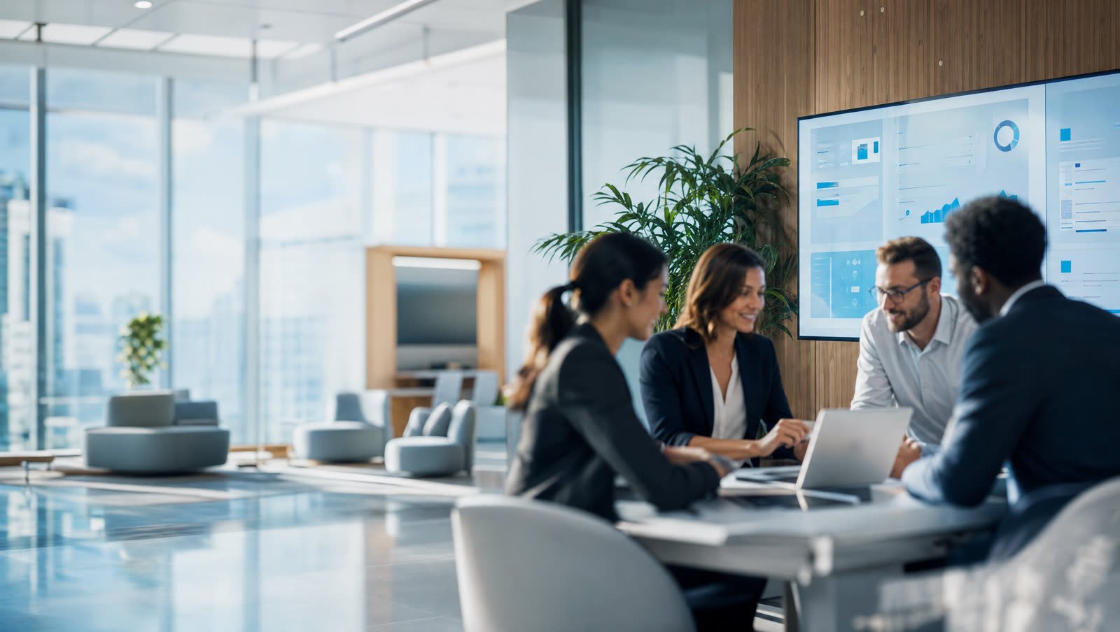 A team collaborating in a modern Microsoft 365 workplace