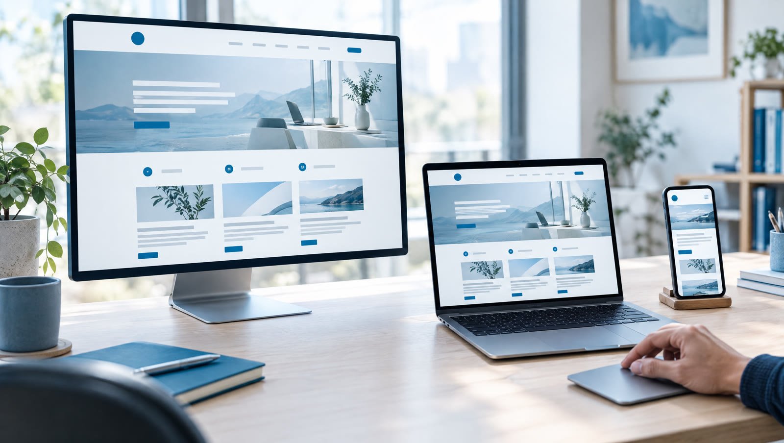 A small-business website shown on a monitor, a laptop and a phone